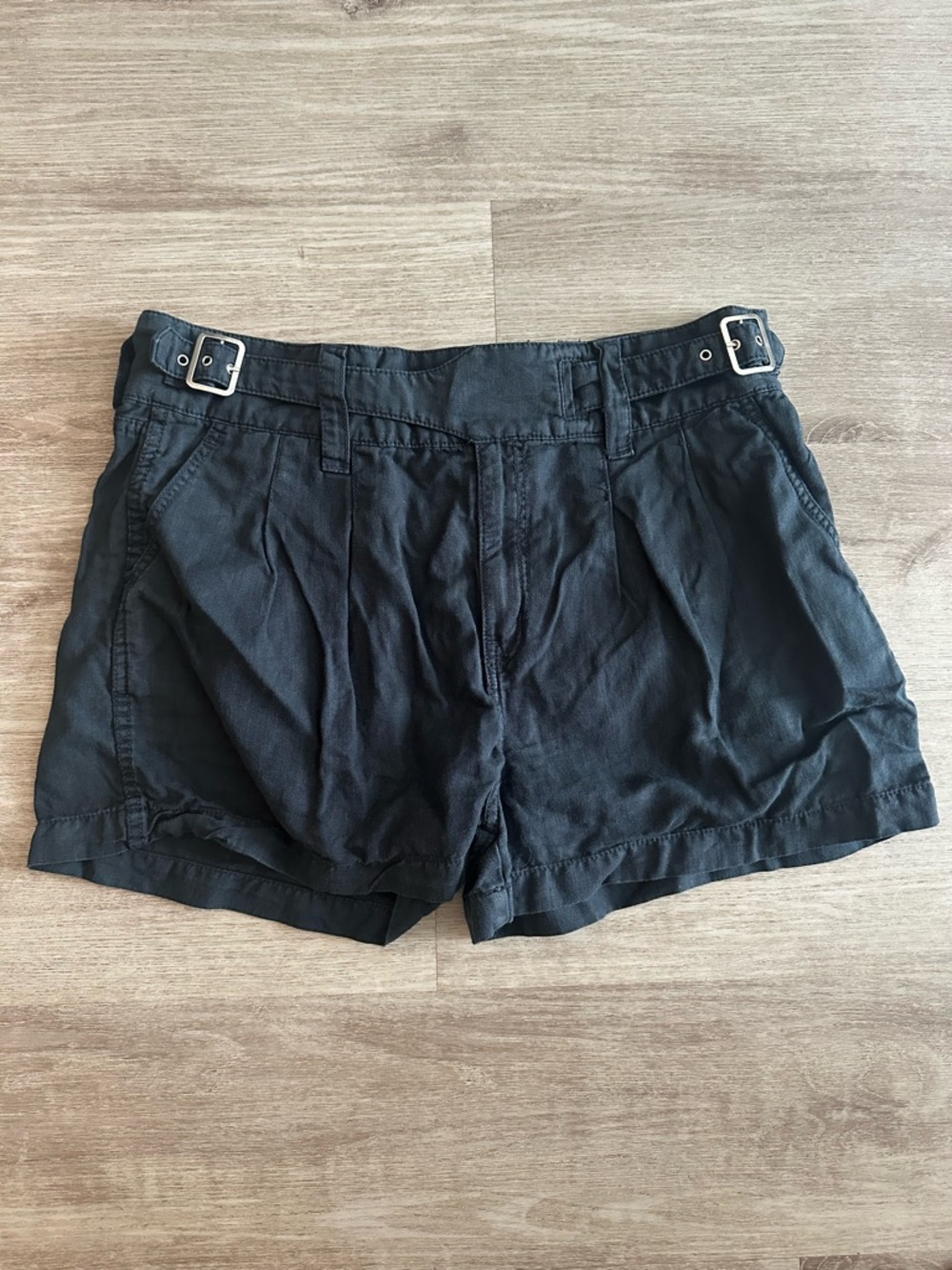 Current/Elliott The Baro Black Cotton / Linen Pleated Shorts with Side Buckles